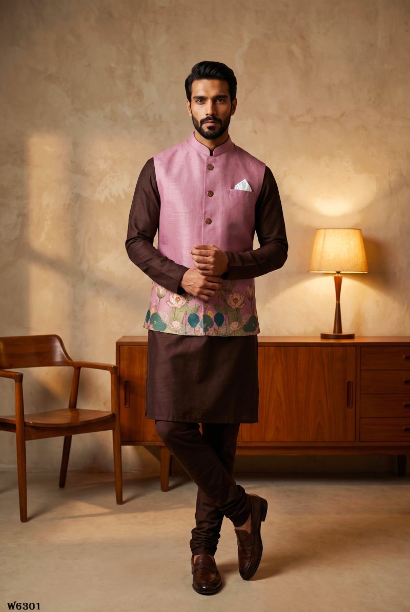 Yellow Outluk Wedding Vol 63 Linen Modi Jacket Kurta Pajama
